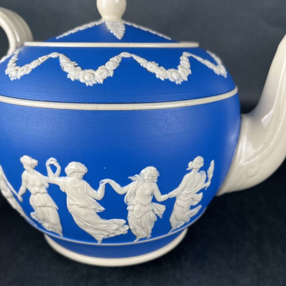 Rare Antique Copeland Spode Blue Jasperware Teapot "Dancing Hours" Neoclassical - Picture 8 of 16